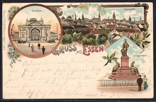 Lithographie Essen /Ruhr, Stadttheater, Totalansicht, Kruppdenkmal