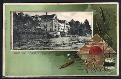 AK Konstanz, Insel-Hotel mit Wasserpartie und Boot, Passepartout mit Seerose
