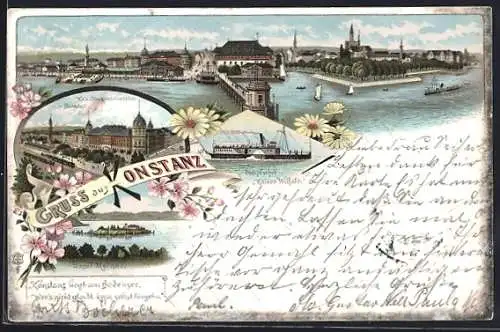 Lithographie Konstanz, Bahnhof & Oberpostdirektion, Dampfer Kaiser Wilhelm, Hafen