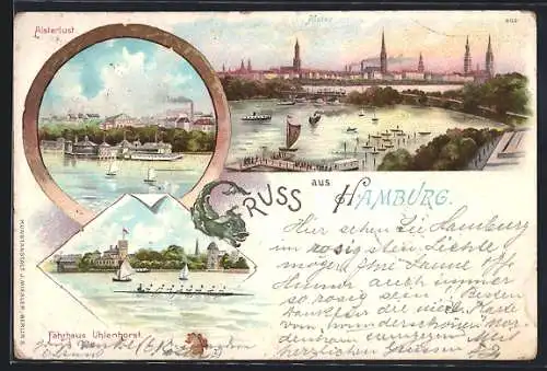Lithographie Hamburg, Alsterlust, Fährhaus Uhlenhorst, Blick auf die Alster