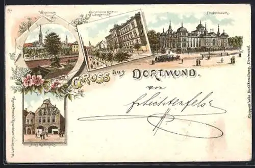 Lithographie Dortmund, Altes Rathaus, Kaiserstrasse und Fredensbaum mit Strassenbahn