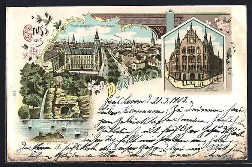 Lithographie Dortmund, Westl. Stadtteil mit Postgebäude und Neues Stadthaus