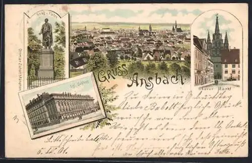 Lithographie Ansbach, Ortsansicht, Kgl. Schloss, Oberer Markt