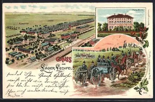Lithographie Lager-Lechfeld, Barackenlager aus der Vogelschau, Soldatenzug mit Kanonen-Kutsche