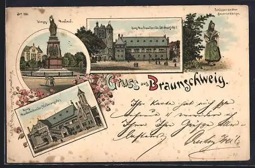 Lithographie Braunschweig, Burg Denkwardsrode, Schöppenstedter Bauernmädchen, Sieges-Denkmal