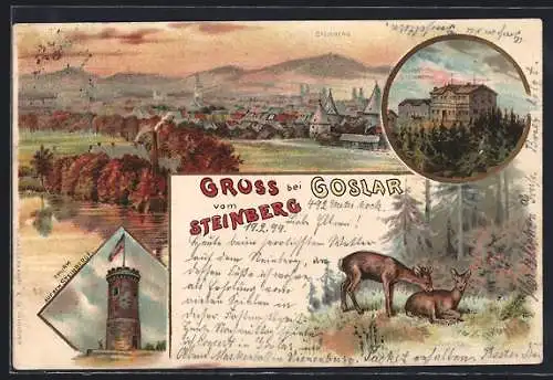 Lithographie Goslar, Hotel Steinberg, Turm, Rehbock und Reh