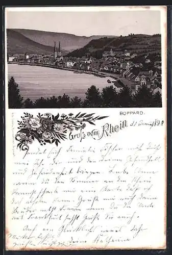 Lithographie Boppard /Rhein, Blick auf den Ort mit Rheinpartie