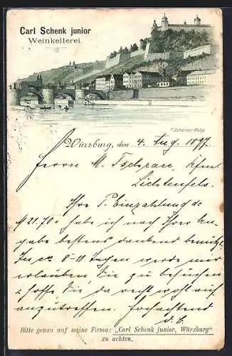 Lithographie Würzburg, Ortsansicht mit Flusspartie