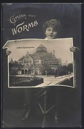 AK Worms, Städt. Festspielhaus, Passepartout mit kleinem Jungen