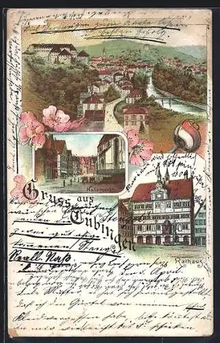 Lithographie Tübingen, Holzmarkt und Rathaus