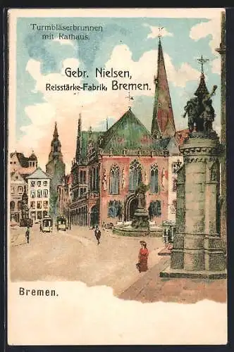Lithographie Bremen, Turmbläserbrunnen mit Rathaus, Strassenbahn