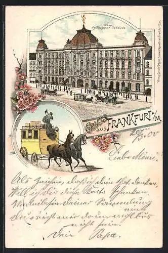 Lithographie Frankfurt a. M., Reichspost mit Strasse, Postkutsche mit Postillon