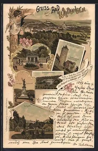 Lithographie Bad Wildungen, Kriegerdenkma, Kurpark, alter Befestigungsturm, Stadtpanorama