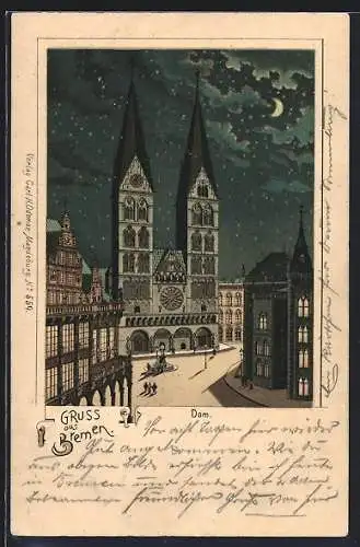 Lithographie Bremen, Dom bei Nacht