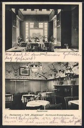 AK Dortmund-Brünninghausen, Restaurant und Cafe Bügeleisen, Innenansicht des Erkers und des Jagdzimmers, Bes. R. Kiffel