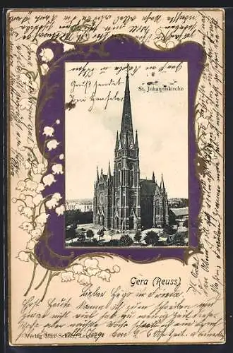Präge-AK Gera /Reuss, St. Johanniskirche, Maiglöckchen-Passepartout
