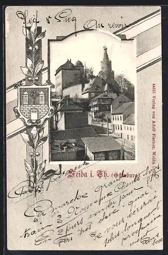 AK Weida i. Th., Blick auf den Ort, Passepartout mit Wappen