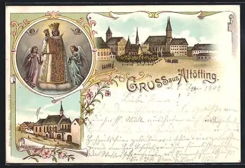 Lithographie Altötting, Maria mit dem Kinde, Kloster
