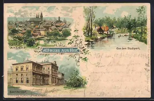 Lithographie Hof, Totalansicht, Bahnhof, Stadtpark