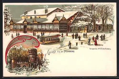 Winter-Lithographie Duisburg, Gasthaus Monning im Winter, Strassenbahn, Denkmal Kaiser Wilhelm I. auf dem Karlsberg