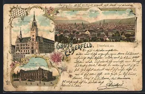 Lithographie Elberfeld, Gesamtansicht, Neues Rathaus & Stadthalle auf dem Johannisberg