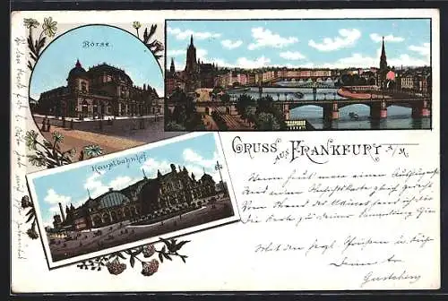 Lithographie Frankfurt /Main, Mainpanorama, Börse & Hauptbahnhof