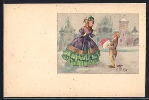 Künstler-AK Dame in Biedermeier-Kleid bekommt Blumen