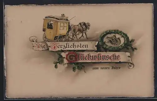 AK Herzlichste Glückwünsche zum neuen Jahre, Kutsche, Wappen und Eichenlaub