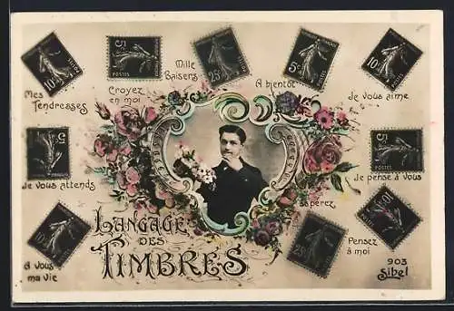 AK Briefmarkensprache, Mann mit Blumen
