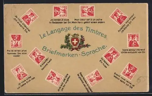 AK Briefmarkensprache, Schweizerkreuz