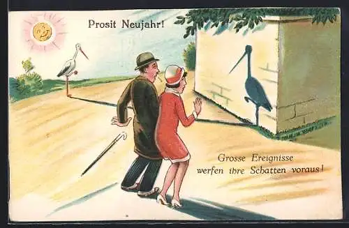 Künstler-AK Paar sieht den Schatten eines Storchs