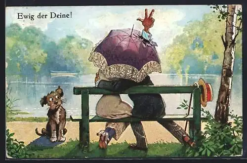 AK Liebespaar küsst sich unter dem Schirm der Frau