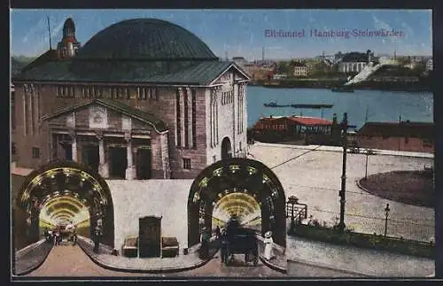 AK Hamburg-St. Pauli, Elbtunnel, Oberbau mit Eingang