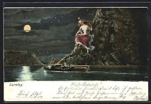 AK Loreley mit Harfe und Dampfer auf dem Rhein bei Vollmond