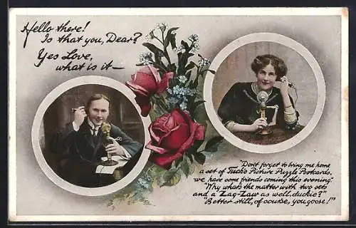 Künstler-AK Raphael Tuck & Sons: Paar telefoniert, Rose, Vergissmeinnicht