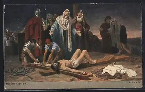 Künstler-AK Jesus wird ans Kreuz genagelt