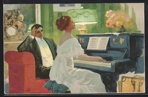 Künstler-AK Dame am Klavier