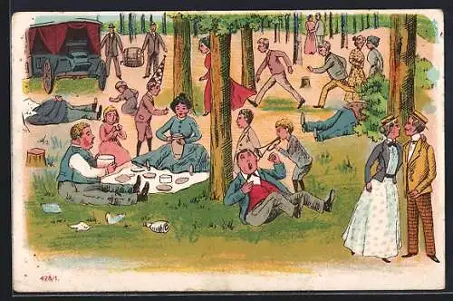 Künstler-AK Geselliges Picknick im Wald