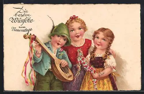 AK Zum Geburtstage die besten Glückwünsche, Gratulanten bringen ein Ständchen