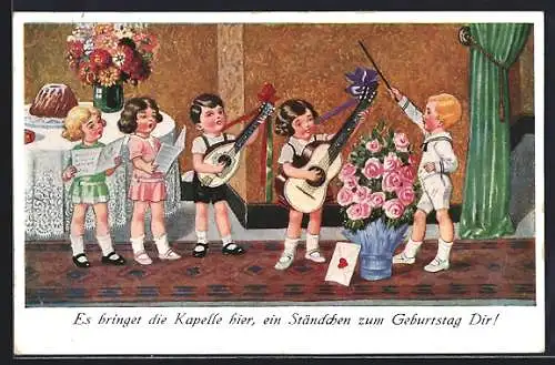AK Dieses Ständchen und herzlichen Glückwunsch zum Geburtstag, kleine Musikanten