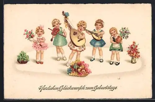 Künstler-AK Kinder mit Lauten und Violine