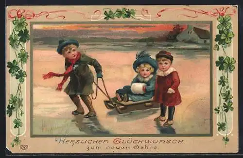 Künstler-AK Kinder mit einem Schlitten