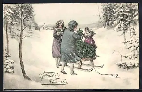 Künstler-AK Kinder mit Weihnachtsbaum auf einem Schlitten