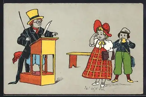 Künstler-AK Lehrer mit Zylinder am Pult