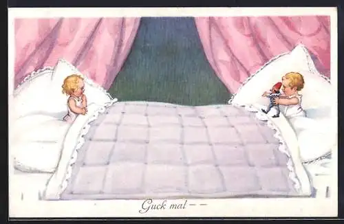 AK Guck mal-Ein Mädchen zeigt einer Anderen ihre Puppe im Bett