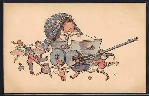 Künstler-AK Puppen tanzen um ein Baby im Kinderwagen