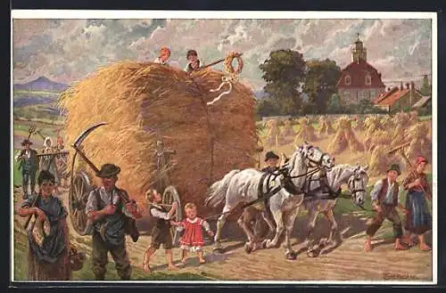 Künstler-AK Bauern kehren vom Feld heim