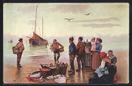 Künstler-AK Fischer entladen ihr Boot