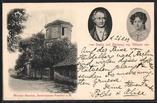 AK Sachsenhausen /Frankfurt a. M., Willemer-Häuschen mit Goethe u. Marianne