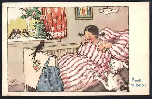 Künstler-AK M. Fischerova-Kvechova (MFK): Mädchen wird von Vögeln geweckt